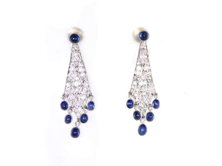Pair of early 20th century diamond and cabochon sapphire lozenge pendant earrings